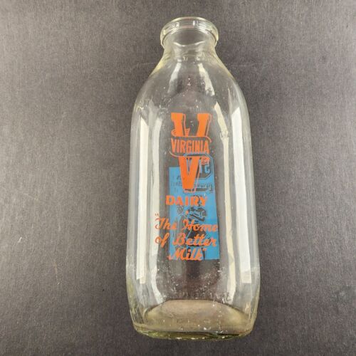 Virginia Dairy Glass Milk Bottle 1 Quart Orange and Blue Logos STOP School Bus