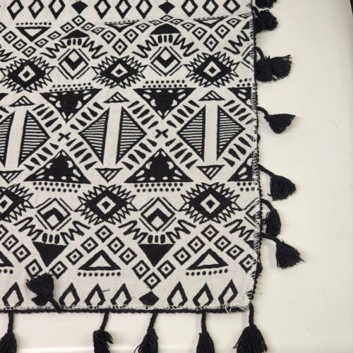 Aztec Curtains Black Abstract Geometric Blackout Print Fringe Rod Pocket 56x63"