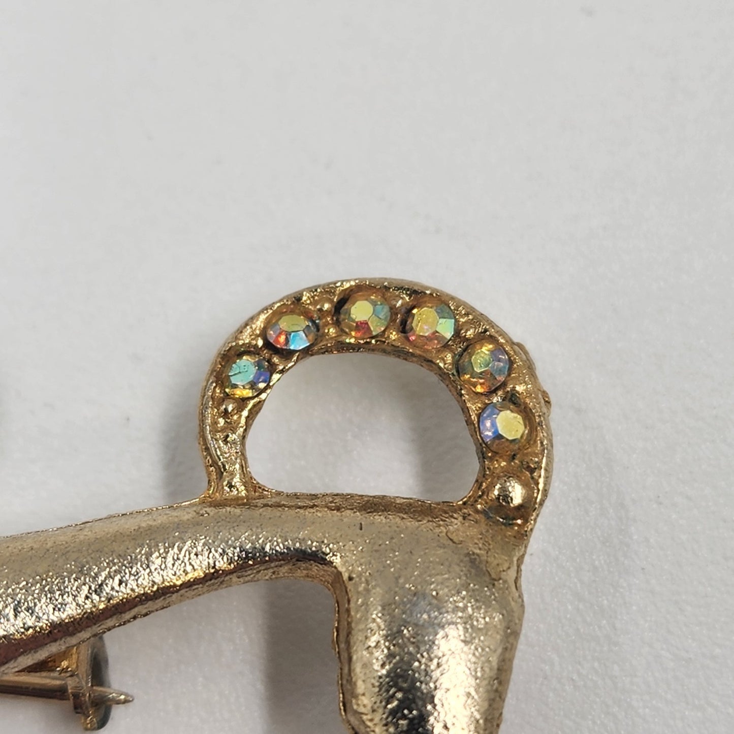 Dachshund Dog Gold Tone Brooch Badge Pin w/ Red Eyes Crystal Clear Rhinestone 2"