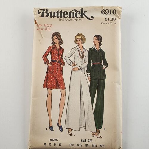 Butterick 6910 Vintage Sewing Pattern Misses & Half Size Dress or Tunic & Pants