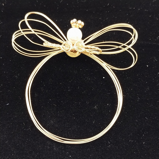 Gold Tone Wire Angel Brooch Pin w Faux Pearl Head Vintage 1990s Christmas Motif