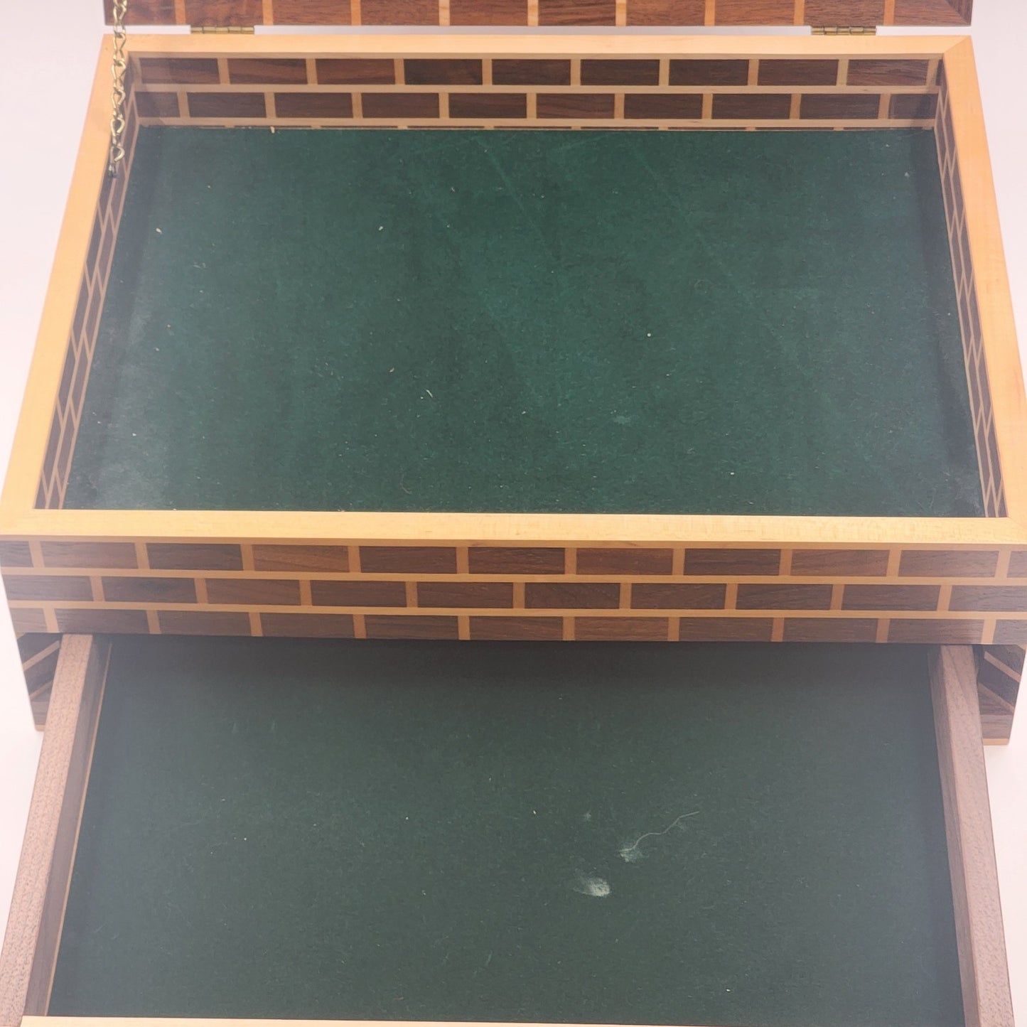 Thuya Moroccan Wood Large Jewelry Box – Handmade 17” Brick Design with Starburst Inlay Lid – Green Felt Lined – Artisan Keepsake Storage Chest