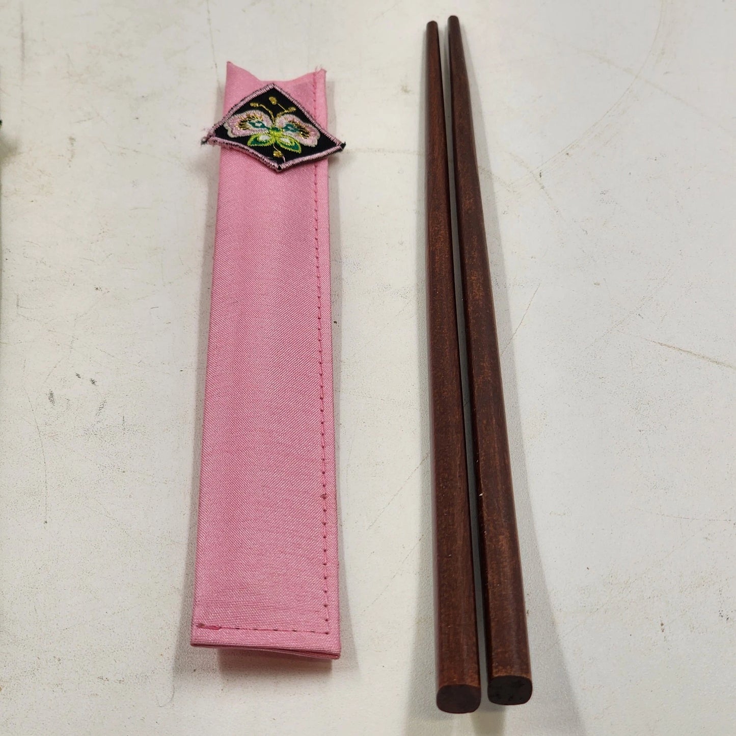 Japanese Wood Chopstick 3 Sets Kokeshi Doll Rest Butterfly Fabric Pouch Gift Vtg