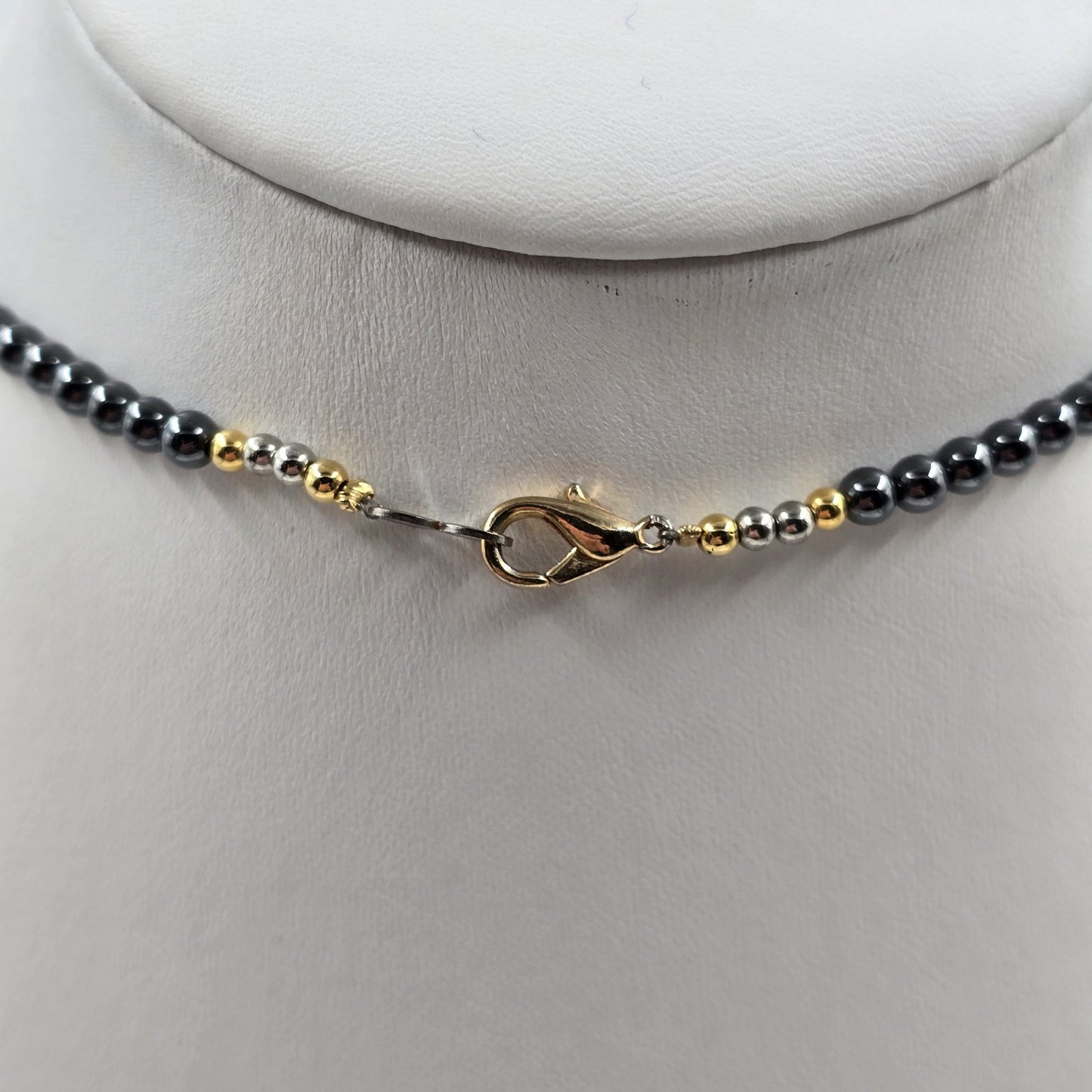 Black Heart Hematite Pendant in Shiny Gray Beads Brown Faux Pearl Necklace