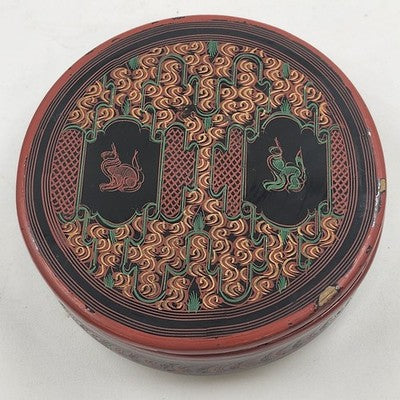 Vintage Lacquerware Coaster Set – 6 Matching Ceramic Foo Dog Coasters in Black, Red & Gold with Storage Box – Asian Guardian Lion Motif