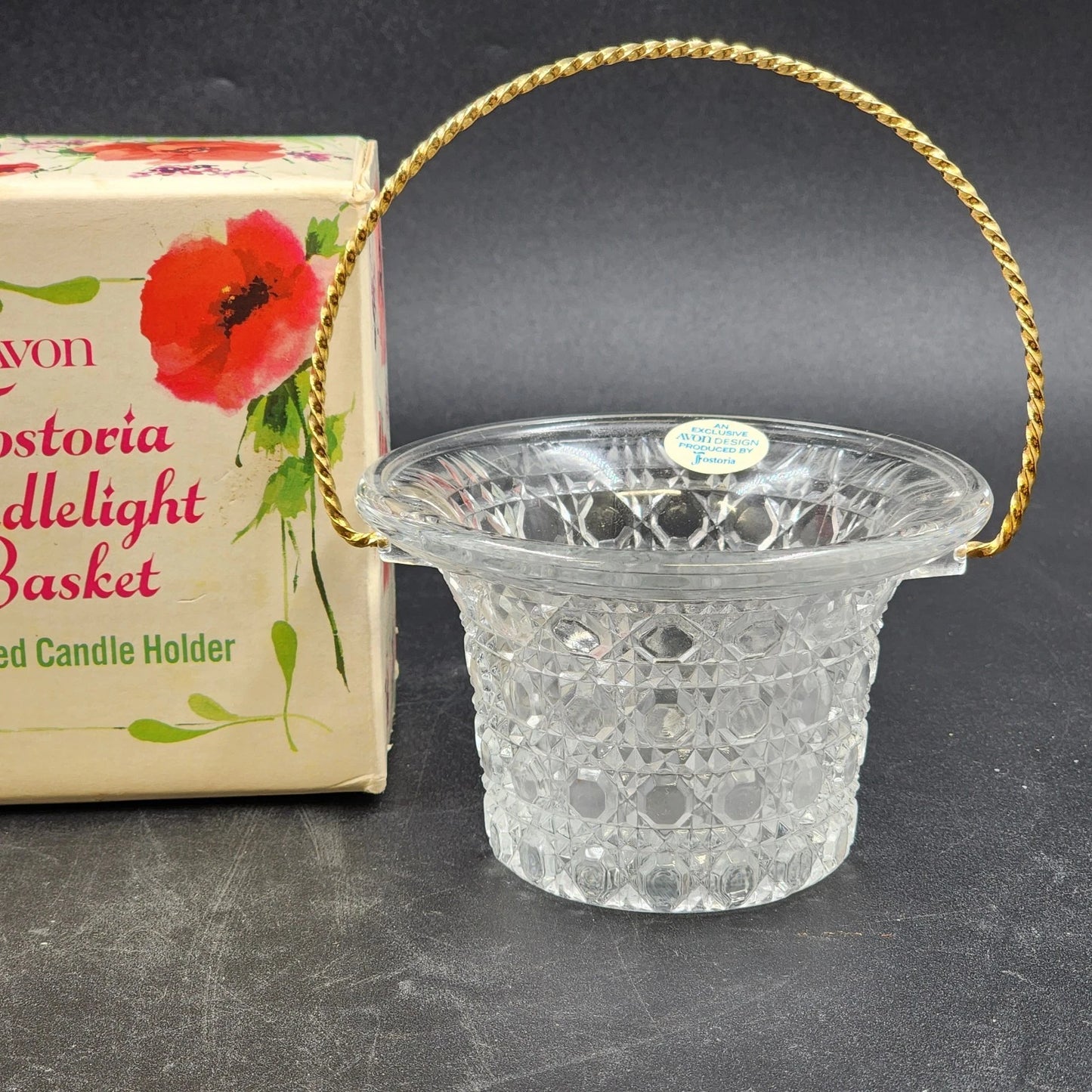 Avon Fostoria Glass Candlelight Basket Candle Holder Perfumed 1970's Vintage NIB