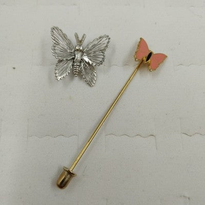 Monet Silver Tone Wire Small Butterfly & Gold Pink Butterfly Stick Pin Brooch