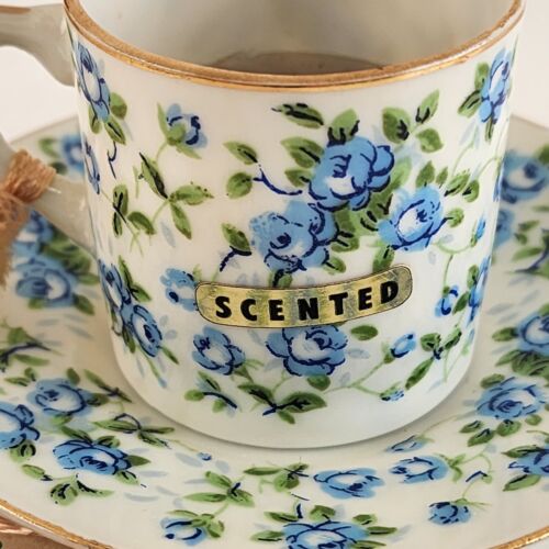 Enesco China Rose Blue Mini Teacup & Saucer Candle Porcelain Japan