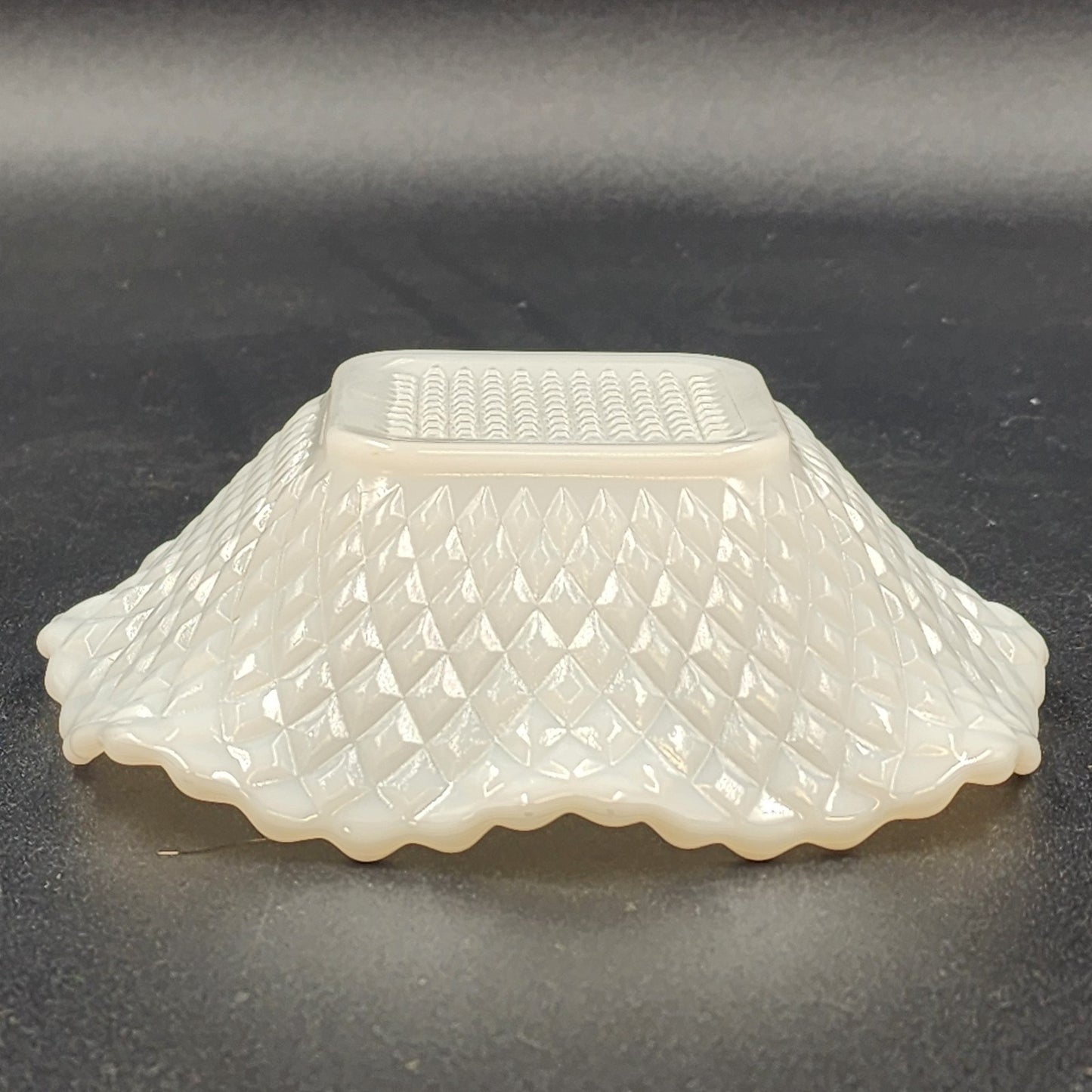 Hazel Atlas Milk Glass Candy Trinket Dish Diamond Point Square Ruffled MCM Vtg