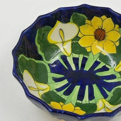 Mexican Folk Art Pottery Serving Bowl 8”x3" Talavera Sunflowers & Calla Lilies