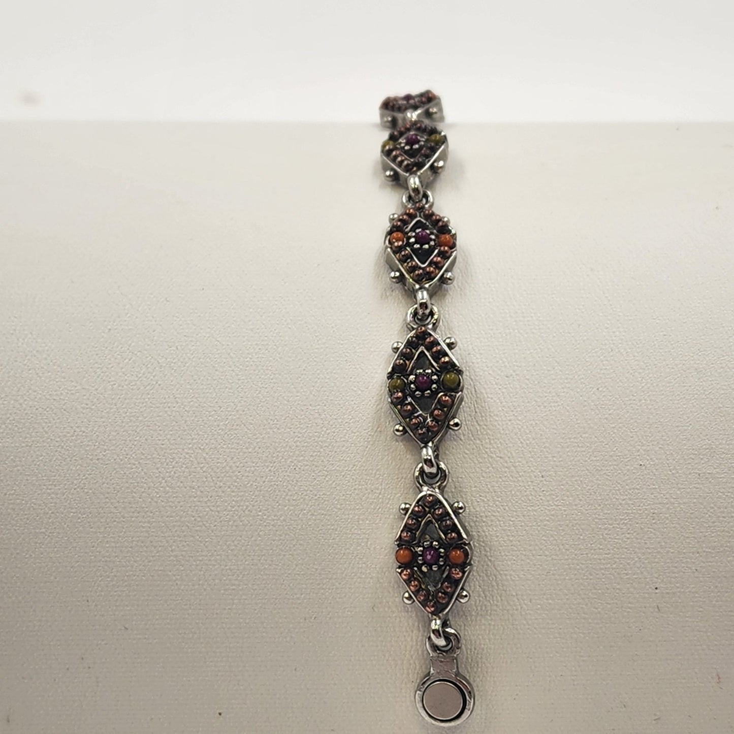Diamond Chain w/ Orange Brown Beaded Quartz Silver Tone Magnetic Bracelet 7"