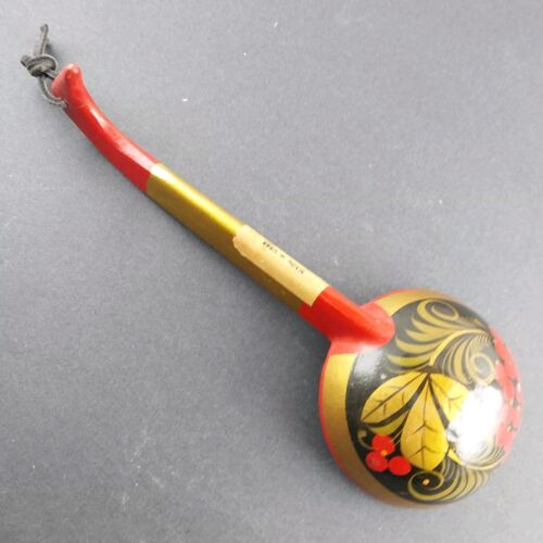 Russian Khokhloma Hand-Painted Wooden Ladle – USSR Folk Art Spoon, 10.75" Vintage Berry Design