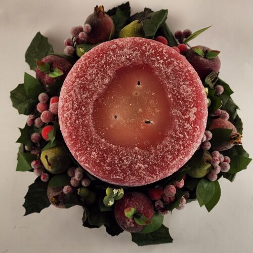 3-Wick Red Candle Centerpiece w/ Fruit Leaf Berry Wreath 6"x6" Decor