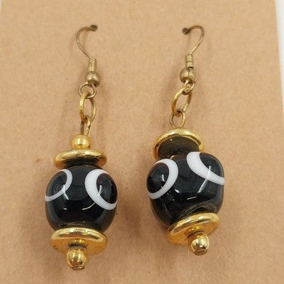 Gold Tone Black & White Drop Dangle Pierced Earrings Retro Jewelry