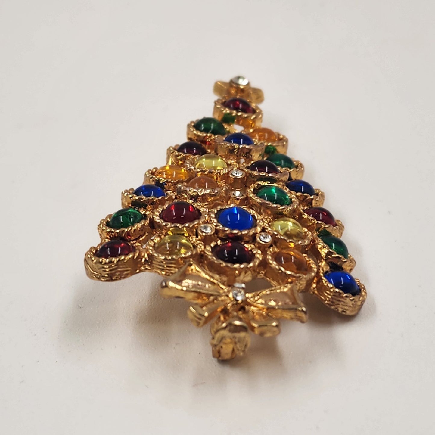 Christmas Tree Gold Tone Brooch w Multicolor Rhinestone Pin 2.5" Holiday Vintage