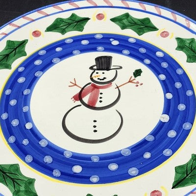 Round Serving Platter Present Tense Italy Hand Painted Snowman Christmas 14"