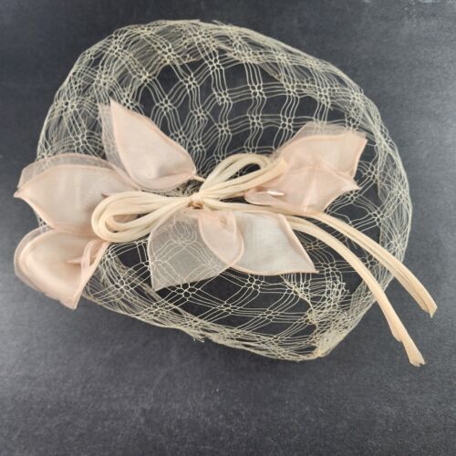 Beige Half Length Face Veil with Floral Pedals and Bow Starched Vintage