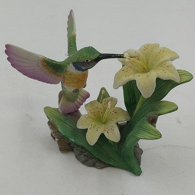 Hand-Painted Porcelain Hummingbird & Lily Figurine Decorative Collectible 2.75”