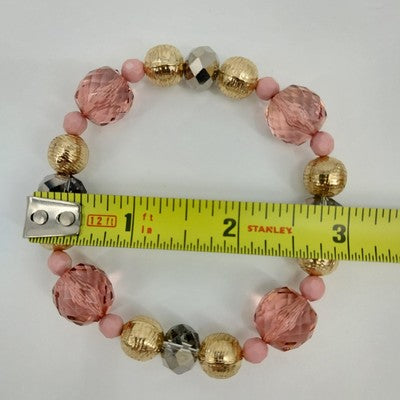 Set of 2 Bracelets Faux Pearl Silver Gold and Peach Tone Faceted Beads Stretch
