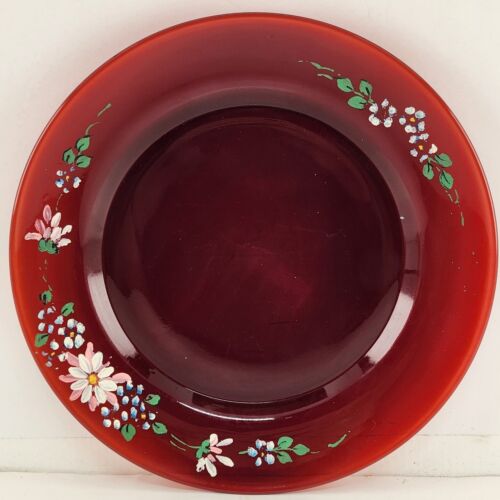 5 Fascination Ruby 8" Luncheon Plates by Fostoria with Hand Painted Flower Edges