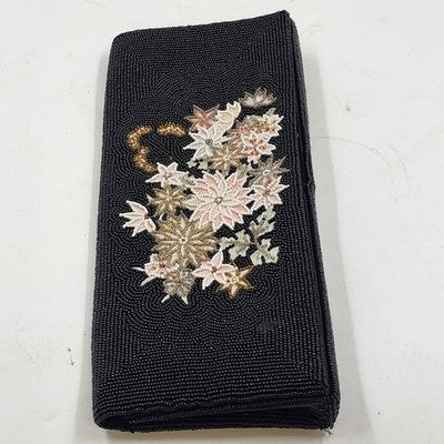 Black Small Beaded Clutch Purse 3 Inner Pockets Flower Embroidered w Glass Beads