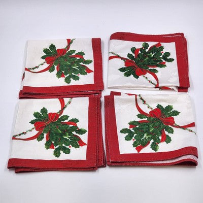 Set of 4 White Red Christmas Napkins 17x16" Holly Design Red Border Hemmed