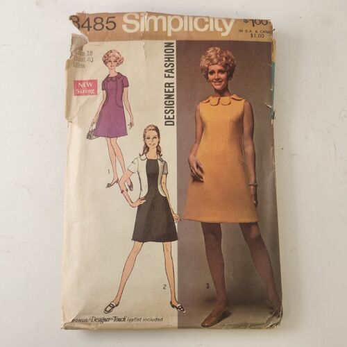 Simplicity 8485 Vintage 1969 Sewing Pattern Misses Designer Dress Size 18