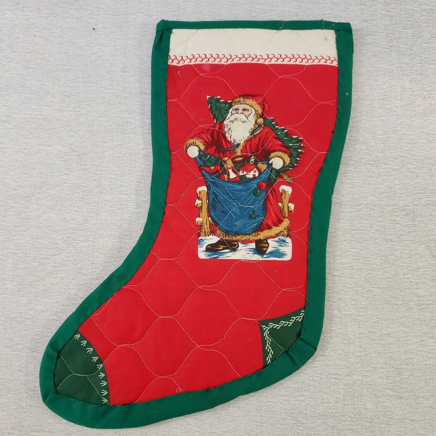 Christmas Stockings Santa Designs Quilted Mom & Dad Monogrammed Red & Green Vtg