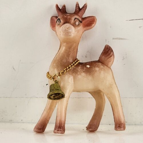 2 Plastic Hollow Reindeer Vintage Figurines Bells Chains Hong Kong 3.5"h