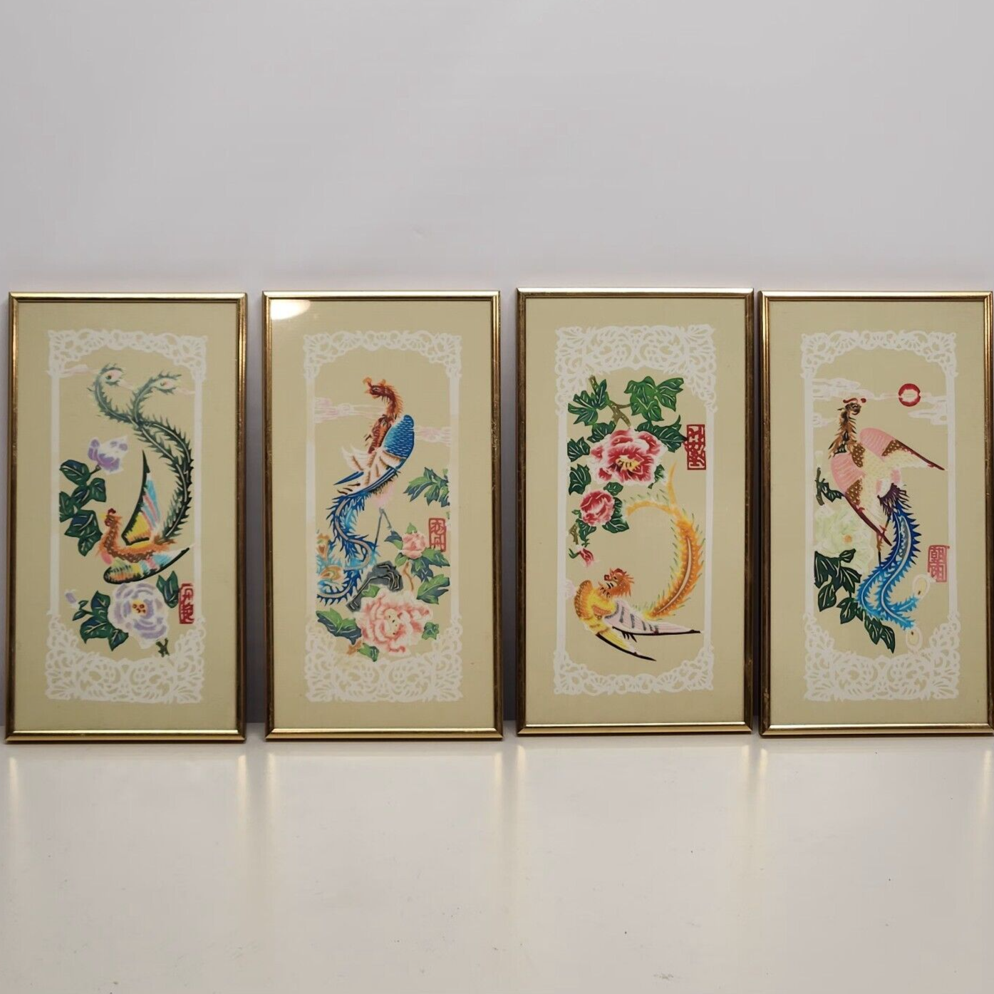 4 Asian Framed Matted Artwork Prints 13.5" x 7.25" Doilies Floral Pheasants