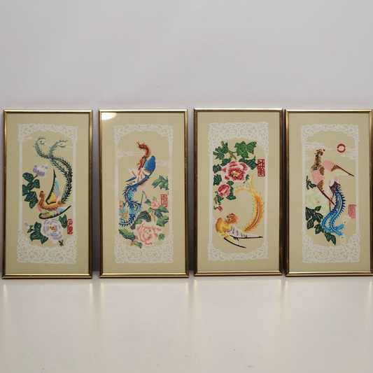 4 Asian Framed Matted Artwork Prints 13.5" x 7.25" Doilies Floral Pheasants