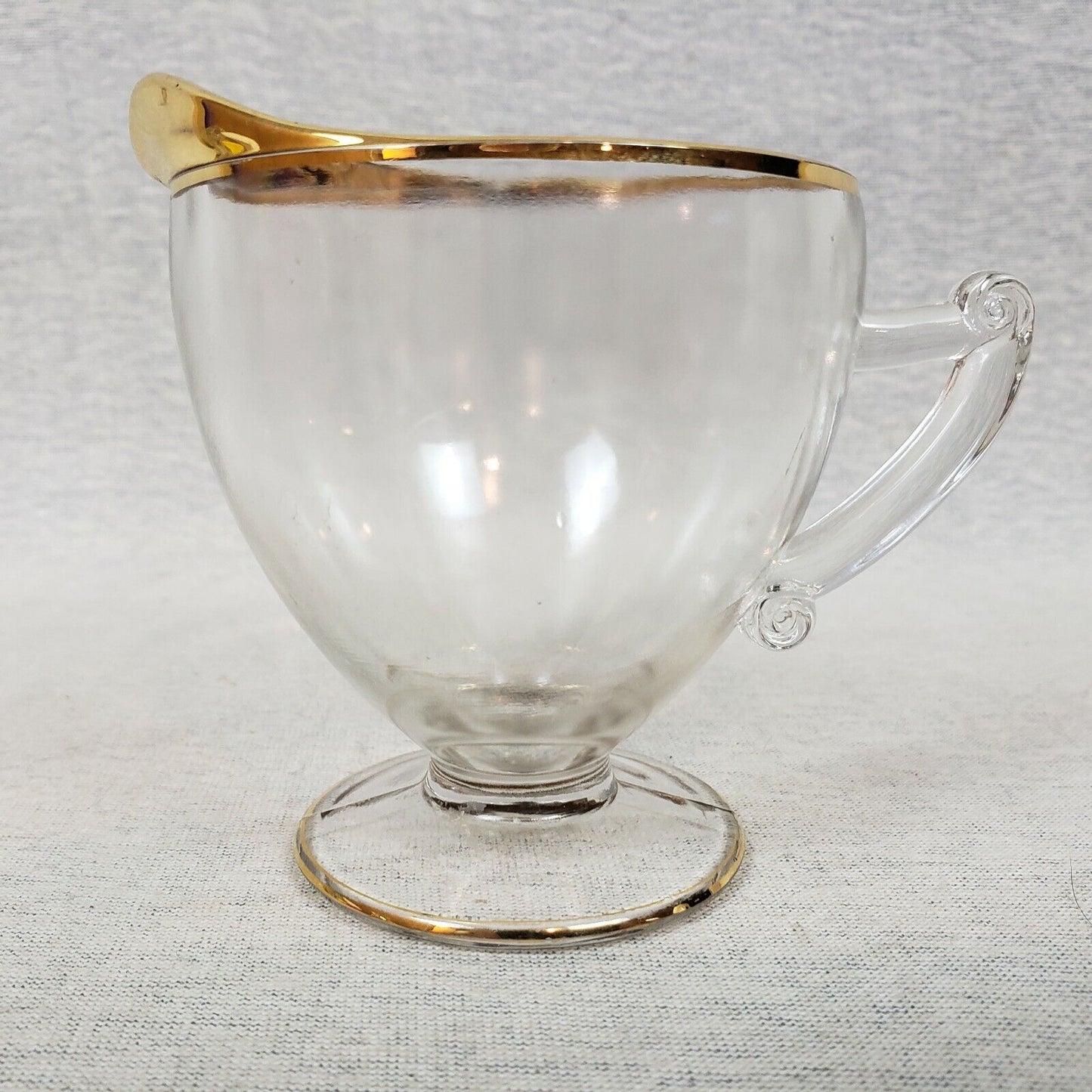 Crystal Elegant Glass Sugar Bowl & Creamer Gold Gilt Scroll Handle Vintage