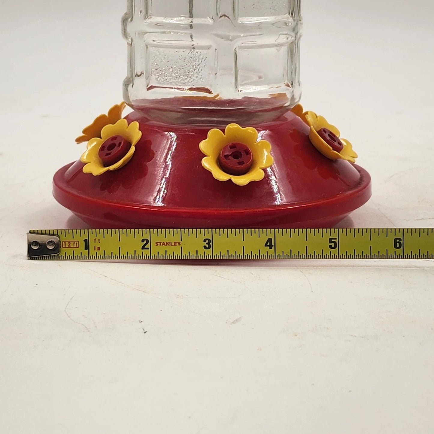 Clear Glass Panel Hummingbird Feeder Red Base 6 Yellow Flower Ports Gravity Feed