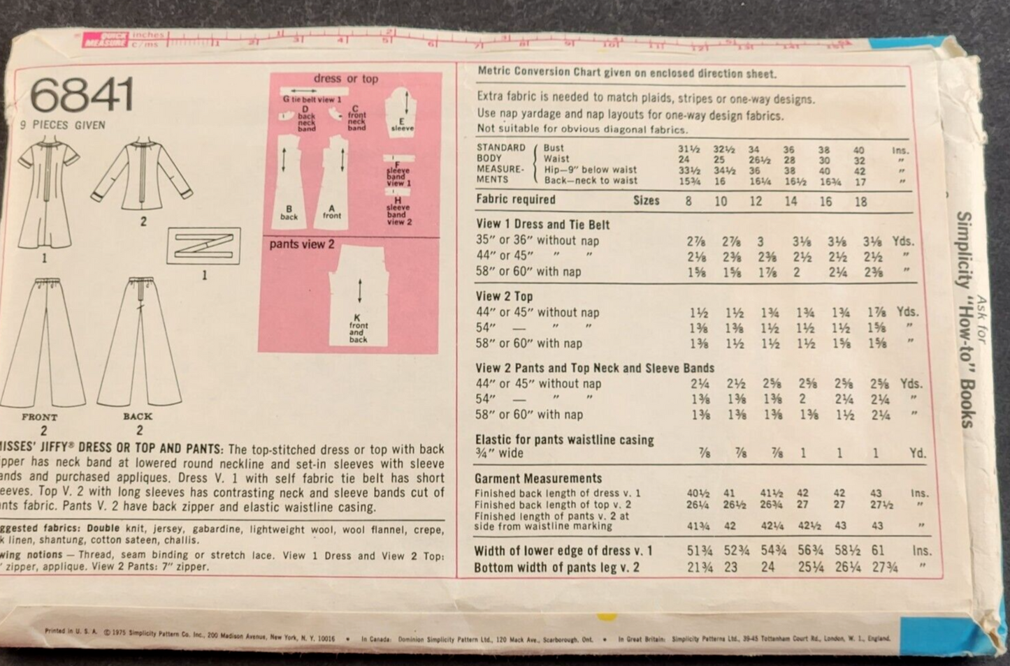 Simplicity 6841 Vintage Sewing Pattern 1975 Misses Jiffy Dress Vintage Size 12