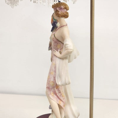 Lady Holding Peacock Table Lamp With Domed Glass Beaded Shade Art Deco Style 24"