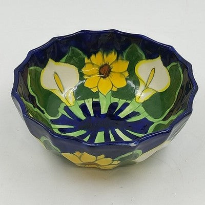 Mexican Folk Art Pottery Serving Bowl 8”x3" Talavera Sunflowers & Calla Lilies