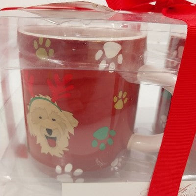 2 Christmas Coffee Mugs North Pole Trading Co Red Dog & Footprint w Box