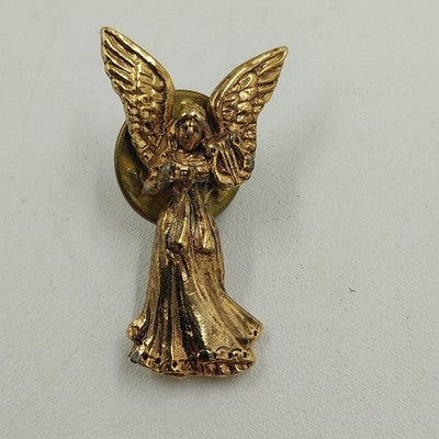 Gold Tone Guardian Angel Playing Harp Instrument Figure Brooch Lapel Pin Vintage