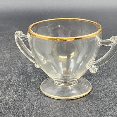 Crystal Clear Glass Sugar Bowl & Creamer 3.25" Gold Gilt Rim Scroll Handle