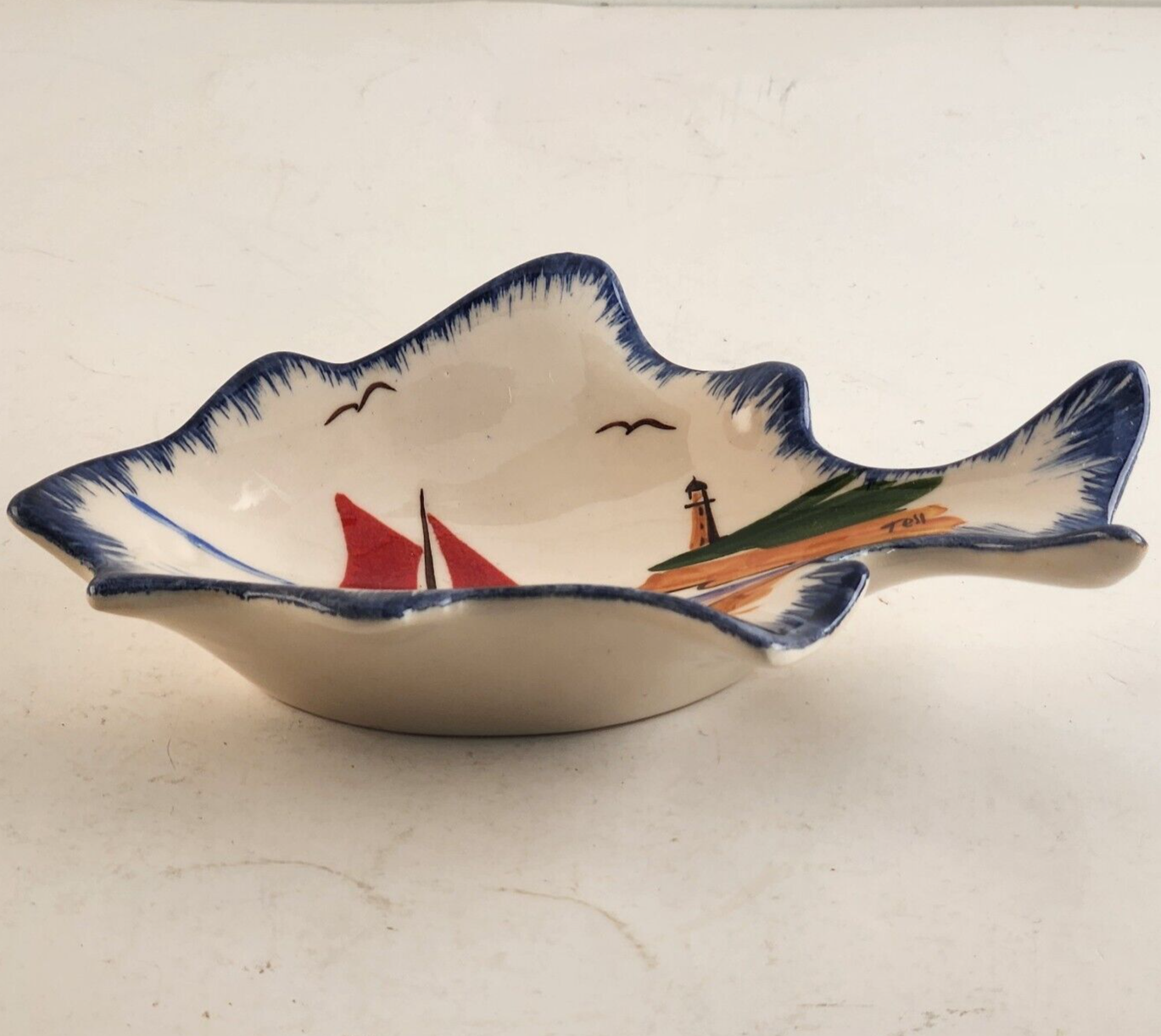 Vintage Tell UK Ceramic Nautical Trinket Dish Sailboat Fish Signed Tray