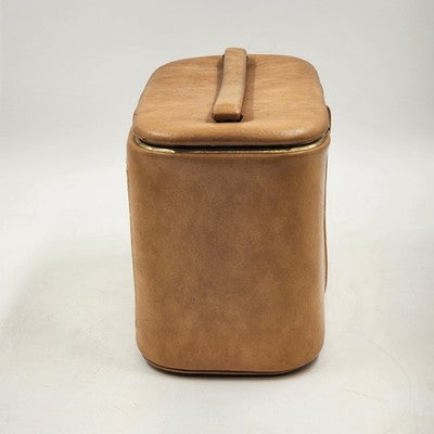 Tan Leather Train Case – 10.5" Travel Luggage with Cane Web Front, Latch Closure, Pockets & Interior Mirror Vintage