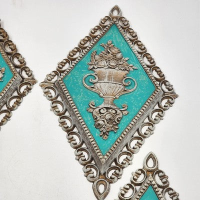 Set 4 Homco Diamond Cameo Wall Plaques Gold & Turquoise Decor Rare Mid Century
