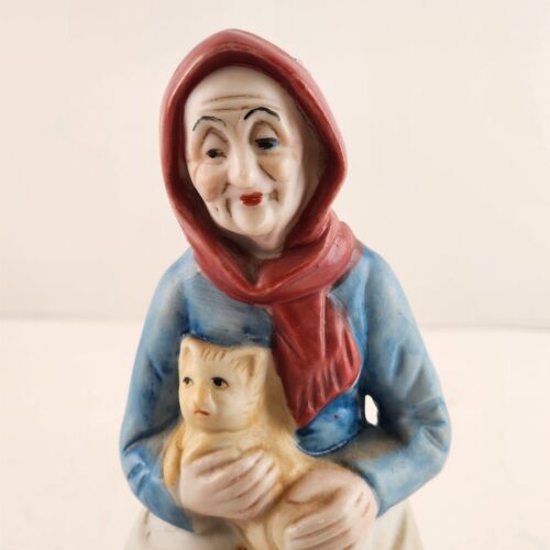 Arnart Porcelain Elderly Lady with Cat on a Bench Figurine 6"h Vintage 1950's