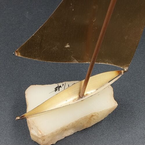 Brass Sailboat Mounted On Onyx Stone Signed John DeMott Single Sail Seagull Vtg