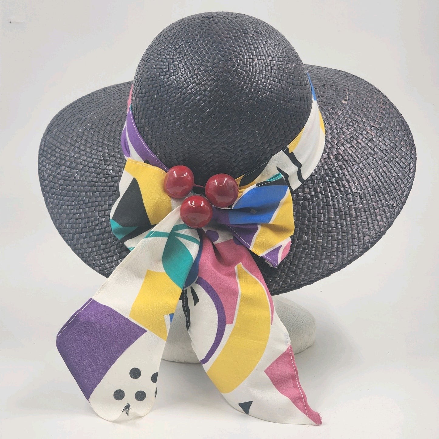 Women's Straw Sun Hat Wide Brim Black Colorful Bandana Cherry Band Medium NOS