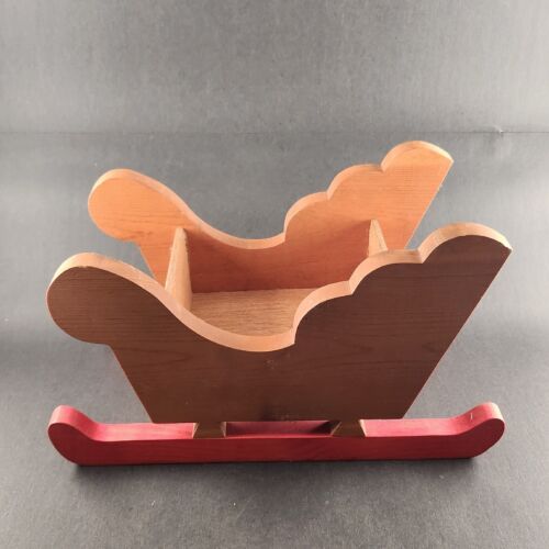 Christmas Decorative Wooden Sleigh Light Brown with Red Runners 13.5" x 7" x 8"h