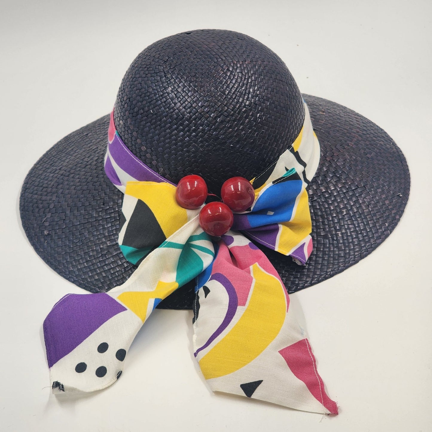 Women's Straw Sun Hat Wide Brim Black Colorful Bandana Cherry Band Medium NOS