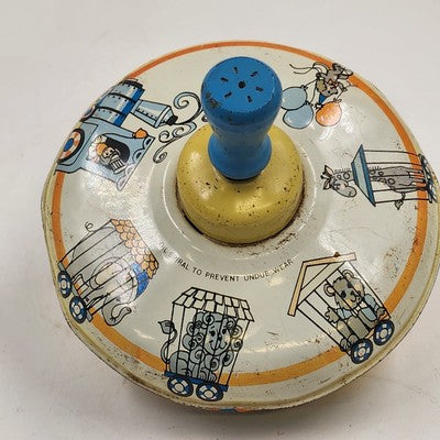 Metal Tin Toy Spinning Top with Circus Animals 6" by Ohio Art USA Vintage 1960s