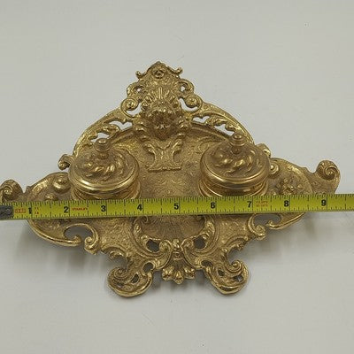 Ornate Double Inkwell Gilded Bronze Cherub Floral 9.75" Lacquered Iron