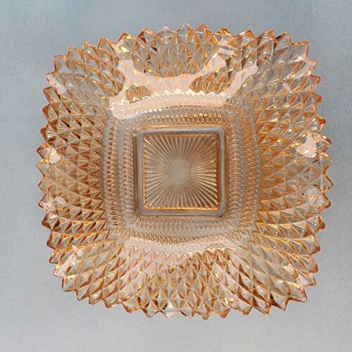 Candy Dish Indiana Glass Peach Color Diamond Point Ruffle Edge 6.5" Sq